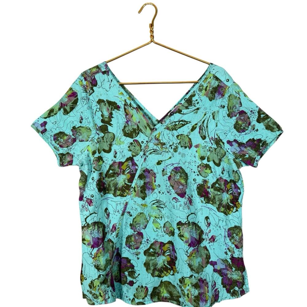 Click Linen Lagenlook Top Large Blue Floral Artsy Relaxed Fit Minimalist Casual - Picture 2 of 7